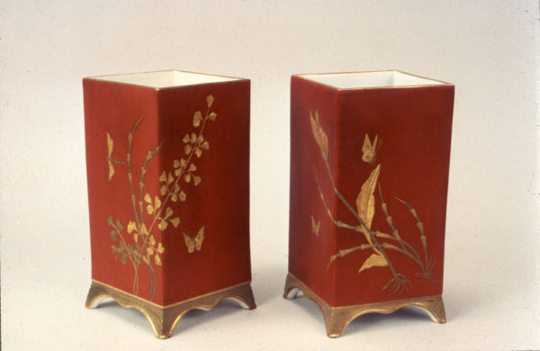 Greenwood Pottery, pair of vases with red ground, porcelain, NJSM 79.1.20 ab