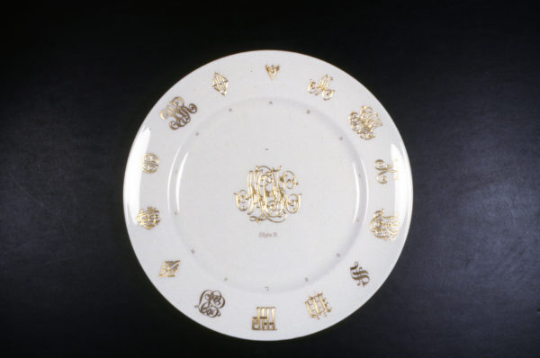 Lenox China Monogram Sample Plate showing styles that could be executed by Lenox's gilders, ca.1910