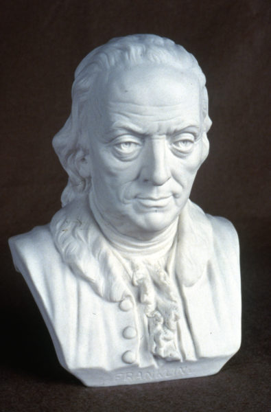 Ott & Brewer, Etruria Works, Bust of Benjamin Franklin, parian, Isaac Broome, designer and modeller, 1876, H 10 in, NJSM 354.29
